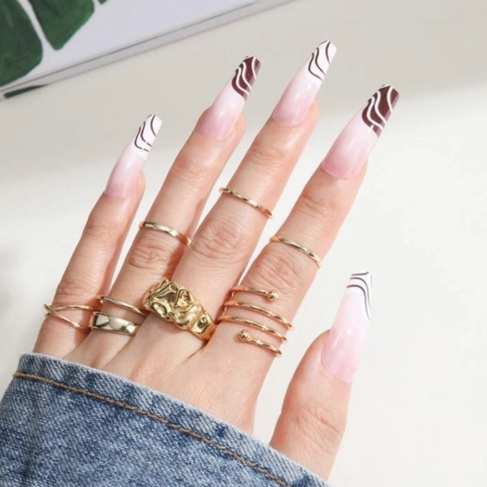 24 piece Brown and White Zebra Tip Acrylic Design Fake Nails in Long Length